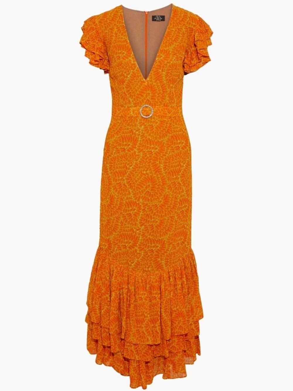 DE LA VALI Elegant Orange Ruffle Maxi Dress with Belt Detail